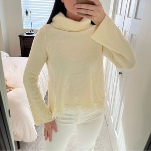 Anthropologie Cream Fringe Turtleneck Sweater